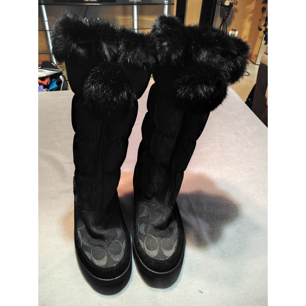 COACH Theona Signature Jacquard Rabbit Fur Winter Boots Goth Old Money Black 6B - Picture 3 of 13